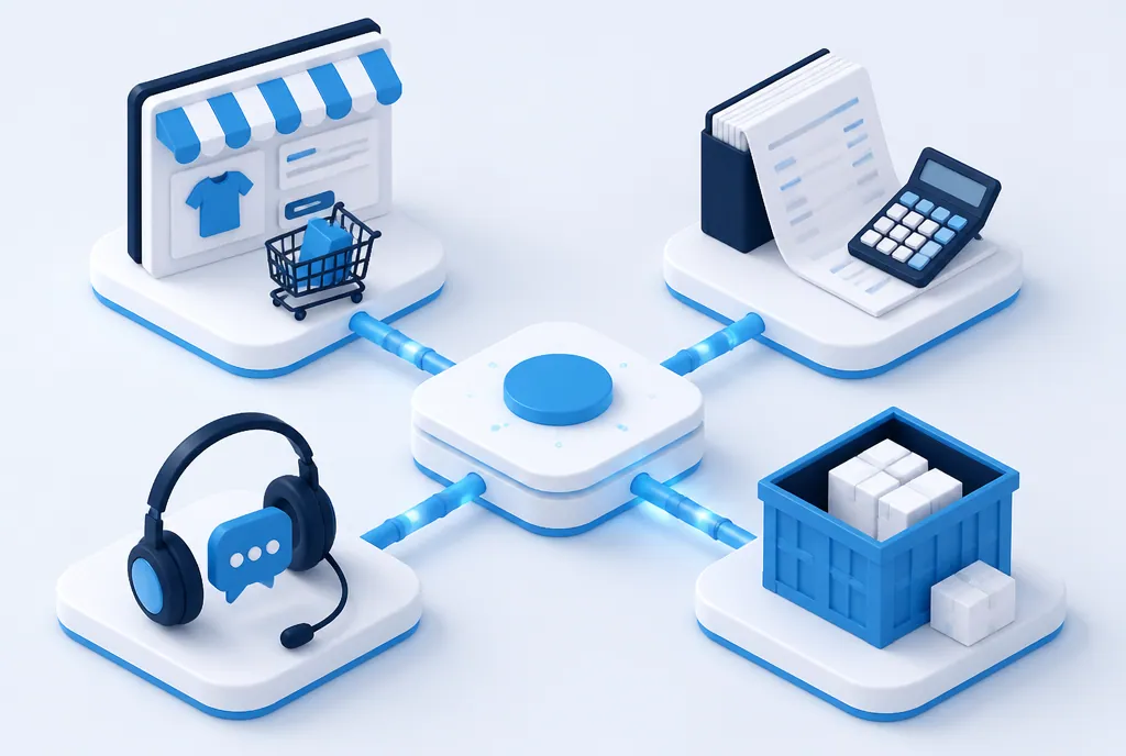 Alle Systeme verbunden All-in-One Business Software verbindet Shop, Buchhaltung und Support
