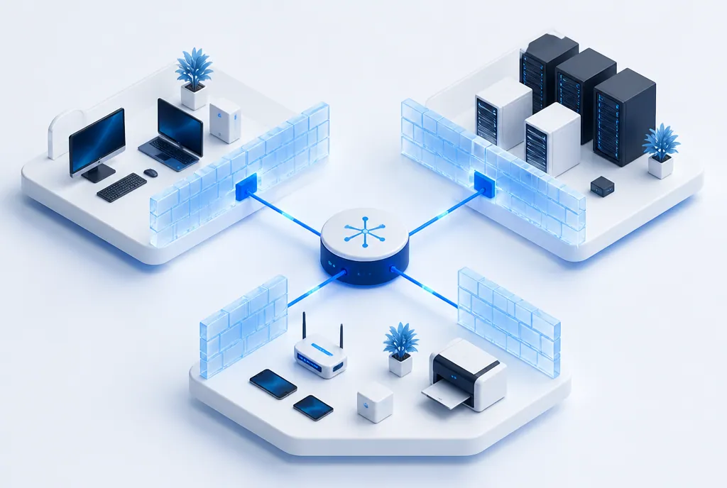 Sichere Netzwerkstruktur Netzwerkplan mit segmentierten Bereichen für mehr Datensicherheit